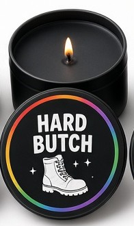 Hard Butch candle in a black tin