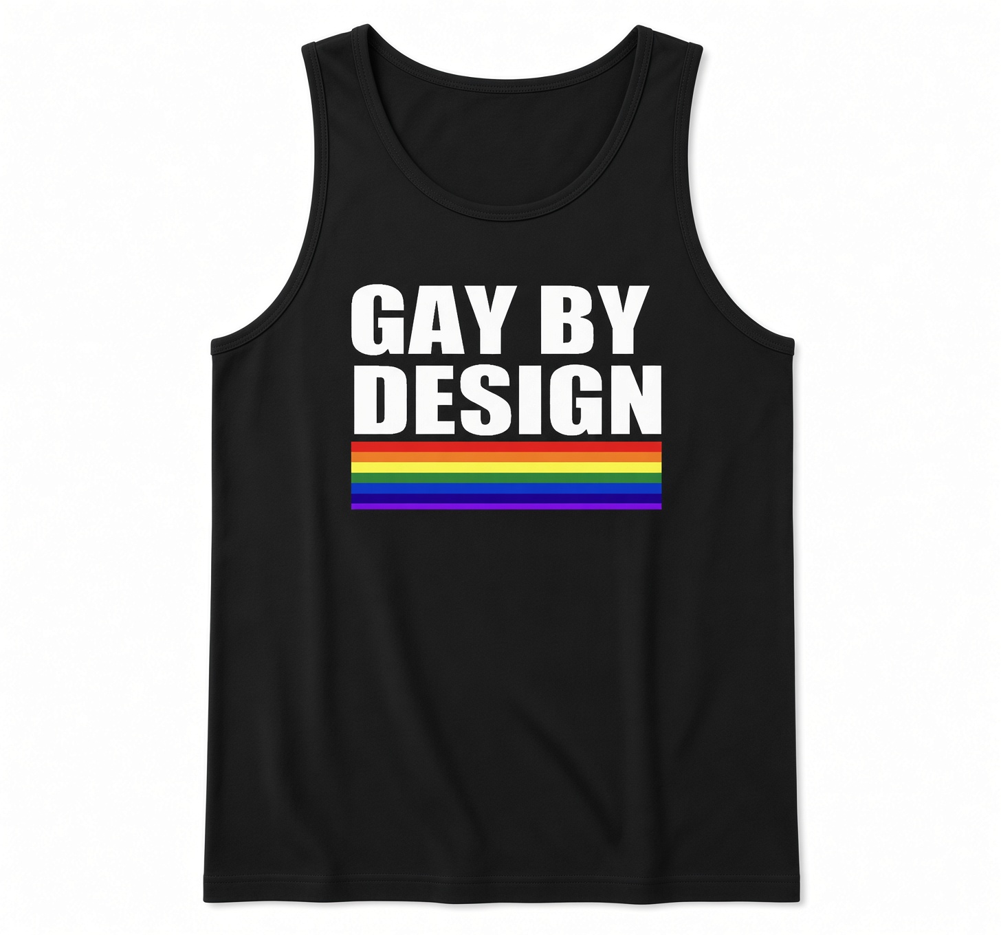 Gay By Design print on a black tank top