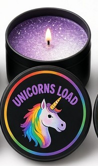 Unicorns Load candle in a black tin